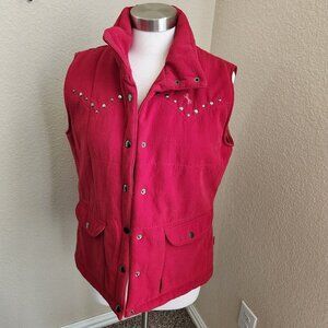 Cowgirl Up Womens Vest Size Large‎ Red Collared Sleeveless Logo Pockets Snap